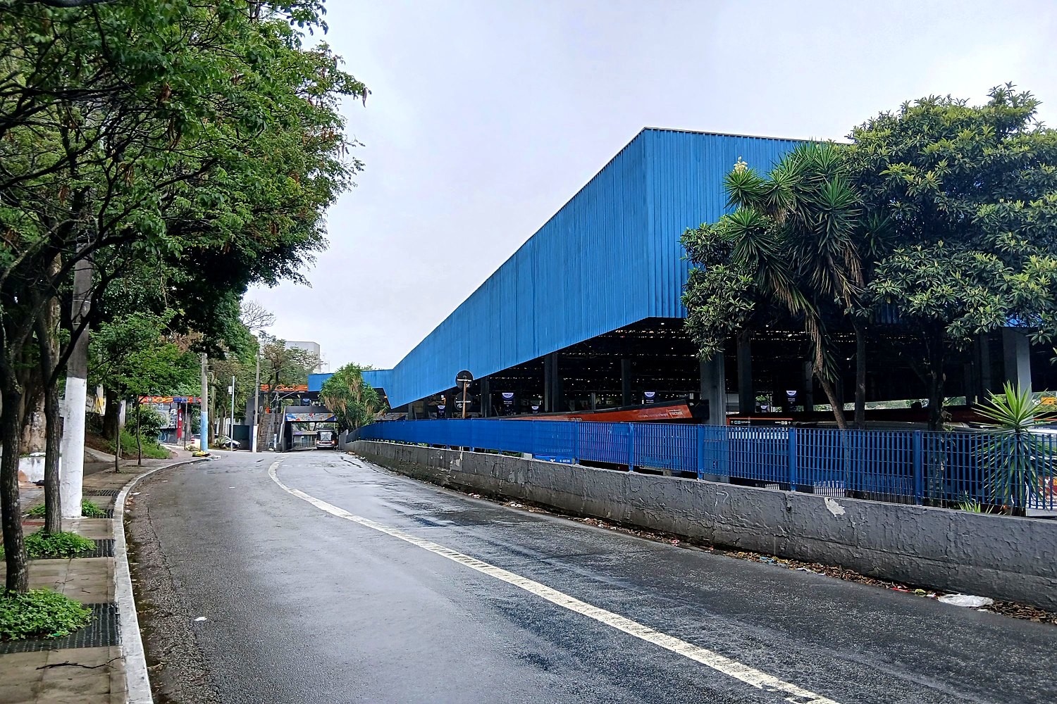 Galpão de estrutura azul ao lado de uma avenida arborizada